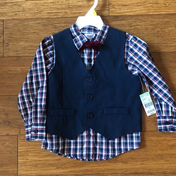 Toddler Boys Button Down Long Sleeve Vest and Bow Tie Set, Blue, Size 2 - Picture 1 of 10